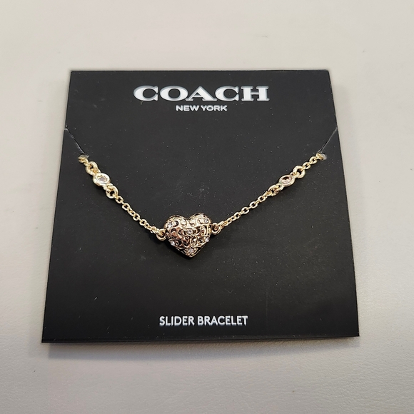 NWT Coach Gold-Tone Cubic Zirconia Signature Quilted Heart Slider Bracelet - Picture 1 of 3